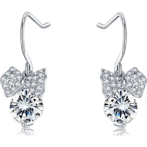 ZEMIOR 925 Sterling Silver Cute Bowknot Earrings For Women Shiny Crystal Zircon Drop Earring Romantic Valentines Day Gift