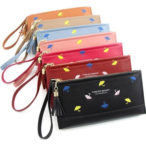 Womens Long PU Leather Wallet Zipper Bag Card Holder Coin Purse Cute Umbrella Embroidery Pattern Wallets (7 Colors)