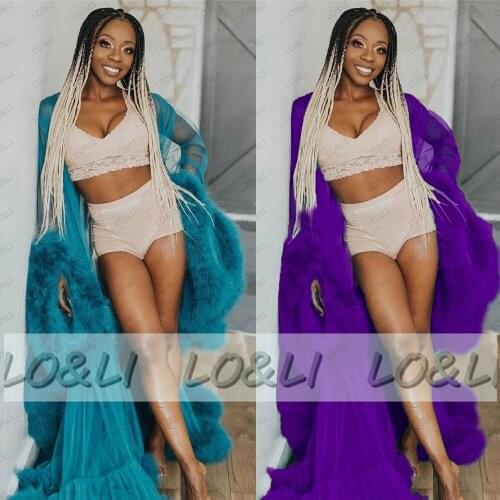 Womens Fur Robe Feather Long Wedding Scarf Illusion Nightgown Robe Bathrobe Sleepwear