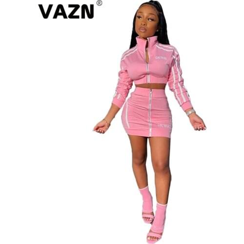 VAZN 2020 Latest Style Young Sexy Energy Free Soft Fashion Solid Full Sleeve Cloth Top Mini Skirts Slim Women 2 Piece Set