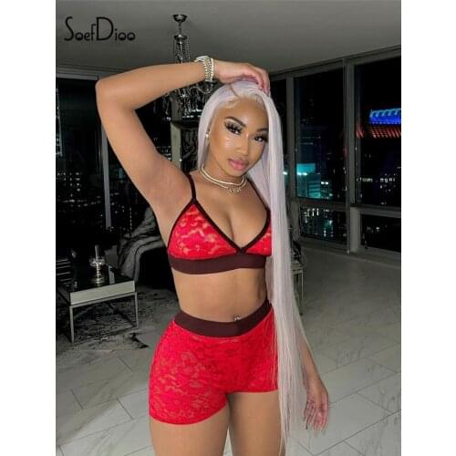 Poshby Sexy Bra Top Skinny Shorts Outfit Club Suit Sleep Wear Tracksuits 2021 Summer 2 Piece Set For Women Lace Pajama Sets