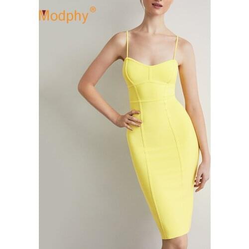 2021 Summer Yellow Rayon Bandage Dress Womens Sexy Spaghetti Straps Bodycon Fashion Club Celebrity Evening Party Vestidos