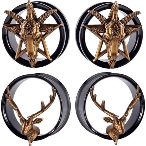 2pcs Stainless Steel Antique Hexagonal Sheep Deer Head Ear Tunnels Gauge Piercing Body Jewelry Fashion Latest Ear Plugs Expander