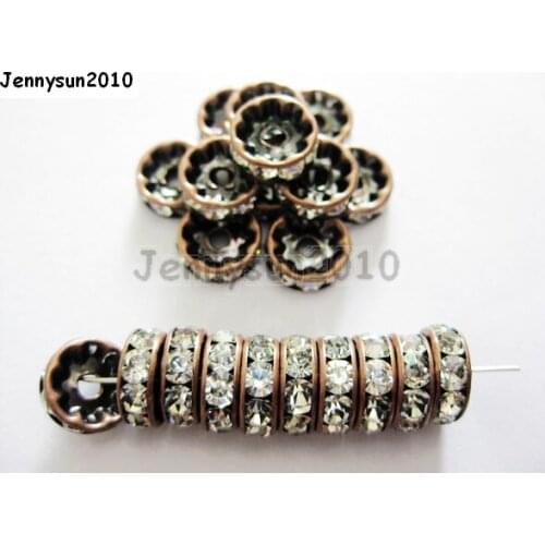 200pcs/lot 10mm Top Quality Czech Clear Crystal Rhinestone Pave Rondelle Metal Copper Plated Spacer Loose Beads Jewelry Making