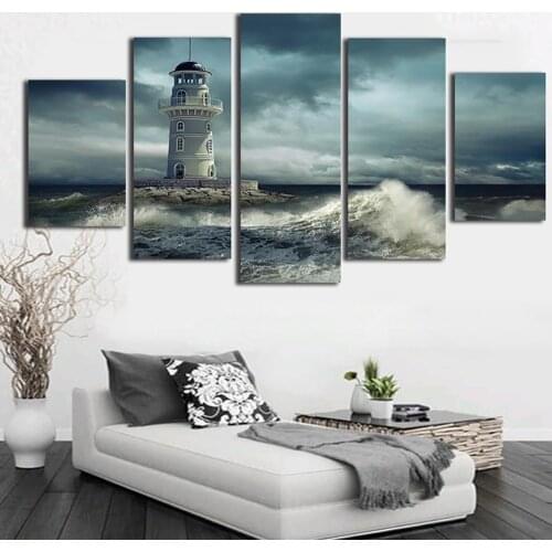 5 Pieces Wall Art Canvas Painting The Lighthouse Nature Scenery Home Decoration Living Room Modular Framework Pictures