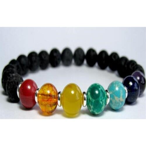 8mm Obsidian Gemstone 7 Chakras Mala bracelet 7.5inches Reiki Sutra Bless Energy Buddhism Stretchy Handmade Lucky Bead Unisex