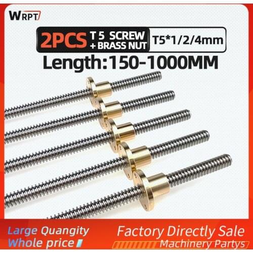 CNC 3D printer 2PCS T5 trapezoidal rod lead screw thread 5mm lead 1/2/4mm with brass nut, L = 150MM-1000MM