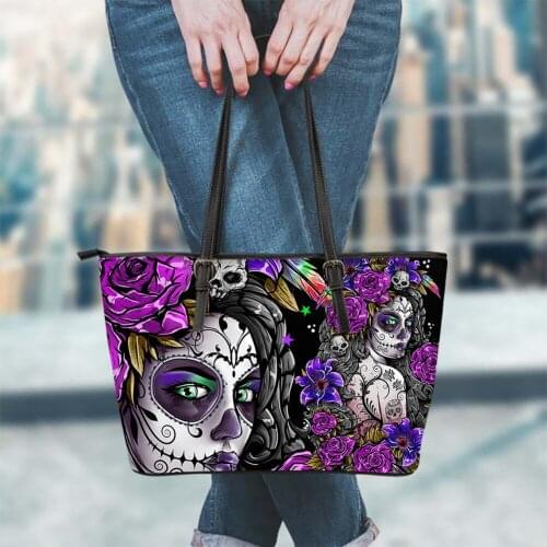 ELVISWORDS Gothic Girls Fashion PU Tote Bag Cool Skull Flowers Printed Large Luxury Leather Bag for Teen Girls Durable Handbag