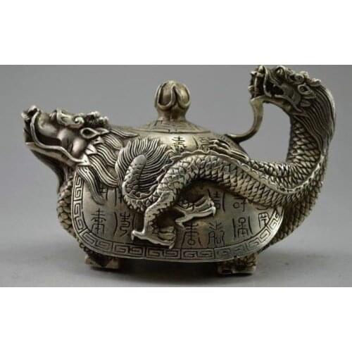 Exquisite Chinese Old Handwork Tibetan Silver Dragon Tortoise Statue Teapot with Kangxi Mark