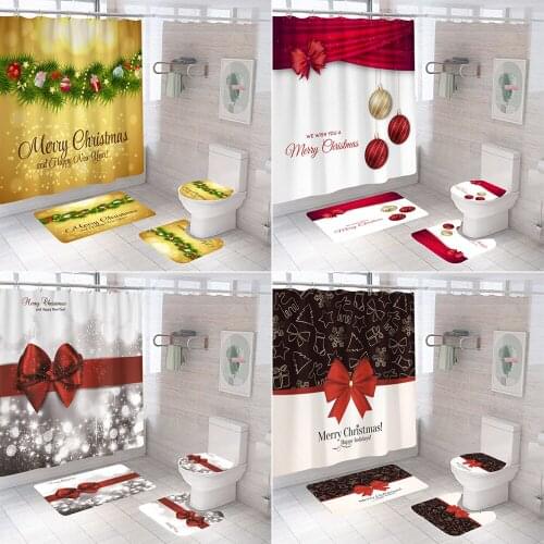 Happy New Year Bathroom Set Bell Ribbon Merry Christmas Shower Curtain Anti Slip Pedestal Rug Lid Toilet Cover Bath Mat Set