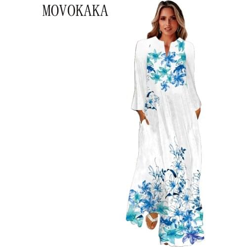 MOVOKAKA 3D Blue Flowers Print Breathable Dress 2021 Autumn Long Sleeve Beach Casual Dresses Woman Elegant Girl Long Dress Women