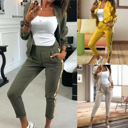 Autumn Fashion Casual Sequin Splicing Jacket Trousers Sports Two-Piece Suit Women