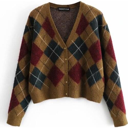 Autumn New Female British Style Retro Loose Rhombus Plaid V-Neck Single-Breasted Long-Sleeved Women Sweater
