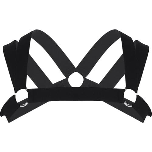 Men Double Shoulder Straps Elastic Chest Muscle Harness Belt with Metal O-rings Fancy Club Party Costume Harness Strap Accessory