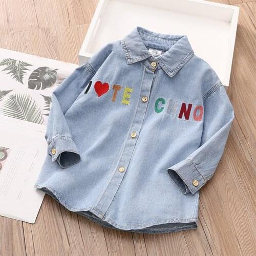 2 3 4 5 6 7 Y Baby Girls Shirts Casual Korean Long Sleeve Letter Embroidery Denim Shirt for Girl Child Clothes Kids Blouses New