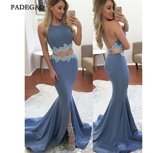 Sexy In Stock Evening Dresses Mermaid Appliques Sleeveless Open Back Split Sweep Two Piece Train Prom Dress Evening Dress