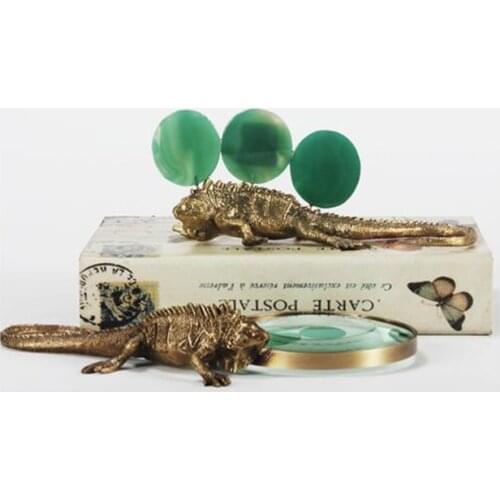 Vintage American Brass Natural Agate Gecko Lizard Magnifier Decoration Personality Creative Study Desktop Decoration Gifts