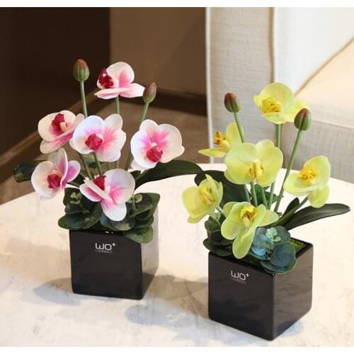 High quality Artificial PU butterfly orchid bonsai potted plants home decor Ceramic vase flowers set wedding decoration