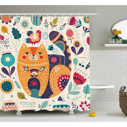Paisley Shower Curtain Little Smiling Chubby Cheek Cat with Various Oriental Leaf Flower Decor Art Waterproof Bath Curtains