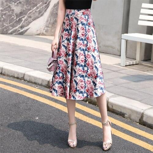 Fashion Oil Paiting Floral Satin Skirt Women High Waist Trendy A-line Flowers Prints Umbrella Medium Long Skirt