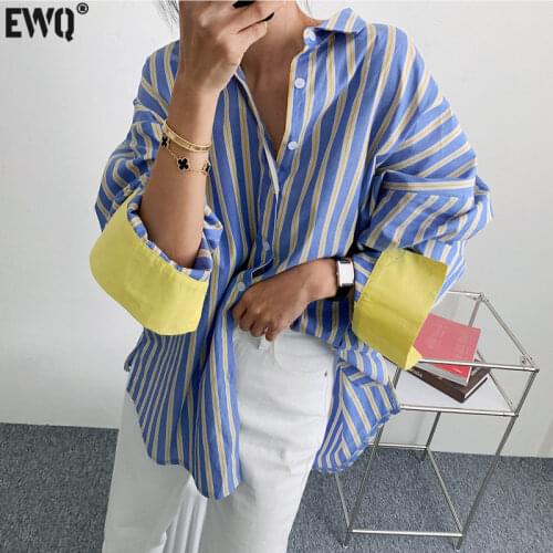 [EWQ] Korea Chic Summer New Color Contrast Striped Shirt Trend Women Loose Long Shirt Fashion New Tloose Ops 2021 16E1950