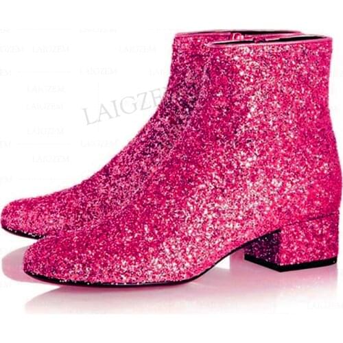 SEIIHEM Women Ankle Boots Mid Block Boots Bling Glitter Side Zip Ladies Cosplay Shoes Woman Sapato Feminine Big Size 43 44 47 52