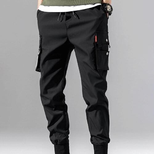 70% Dropshipping!!Mens cargo pants Multi Pockets Elastic Waistband Cotton Blend Ankle Tied Sports Jogging Trousers for Sports