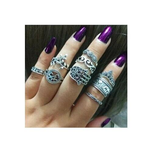 9pcsBoho Vintage Viking Star Knuckle Rings For Women Crystal Star hand Crescent Geometric Female Finger Rings Set Indian Jewelry