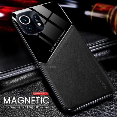 For xiaomi11 case leather texture plexiglass car magnetic holder phone covers for xiomi xaomi xiami mi11 mi 11 my protect shell