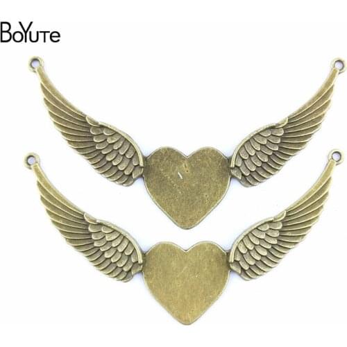 BoYuTe (10 Pieces/Lot) 89*51MM Antique Bronze Plated Zinc Alloy Heart Wings Charms Pendant Jewelry Components Diy Accessories
