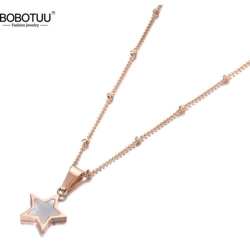 BOBOTUU Trendy Office Style White Shell Star Choker Necklaces For Girls Rose Gold Titanium Steel Chain Pendant Necklace BN19128