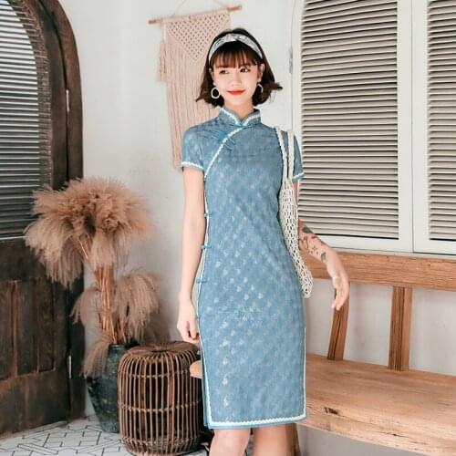 Elegant Blue Lace Cheongsam Sexy Slim High Split Dress New Vintage Classic Vestidos Plus Size Traditional Chinese Party Dress