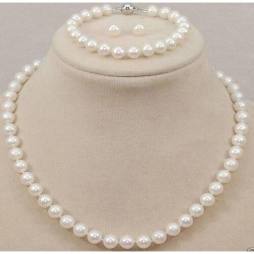 8-9mm Genuine Natural Freshwater White Pearl Necklace Bracelet & Earring Set