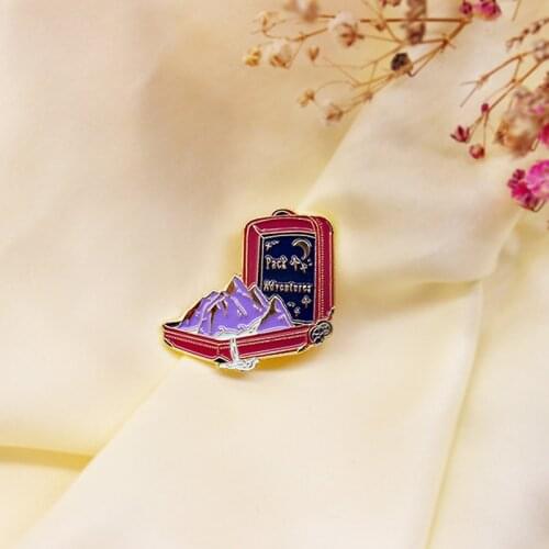 Red open suitcase Enamel Brooch Purple mountains and rivers travel adventure Lapel Pin Backpack jackets custom Badge
