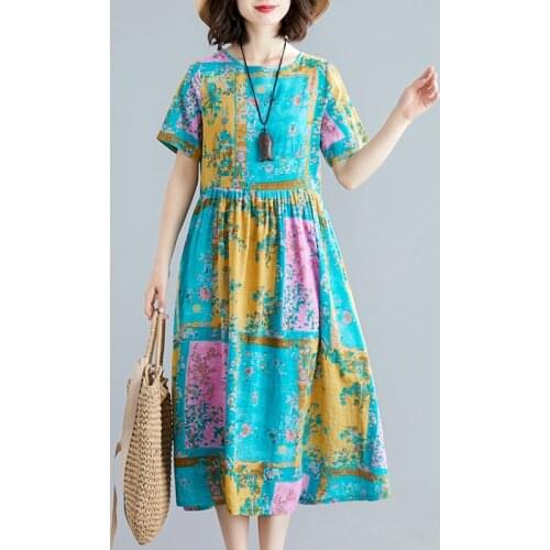 Summer Cotton and linen Dress Fashion Loose Round neck Vintage Short-sleeved Women Dress Casual Female A-line dress Ethnic style