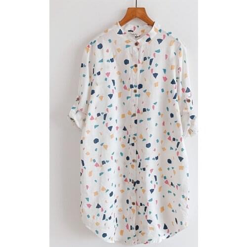 New Summer Women Dresses Color Printed Literature Art Collar Loose Women 7 Minutes Of Sleeve Long Cotton Shirt