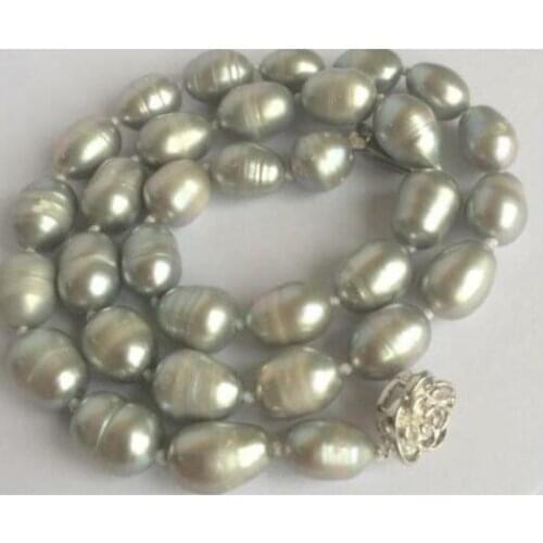 8-9mm gray oval rice pearl choker necklace flowr clasp natural Freshwater PEARL Women Jewelry 35cm 43cm 15'' 17