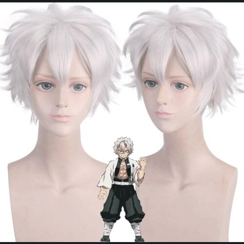 Anime Demon Slayer: Kimetsu no Yaiba Shinazugawa Sanemi Cosplay Wigs Black Heat Resistant Synthetic Hair Wig + Wig Cap