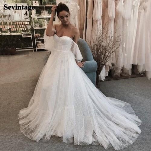 Sevintage Dotted Tulle A Line Wedding Dresses Off The Shoulder Bridal Gown 2021 Custom Made Back Long Princess Boho Bride Dress