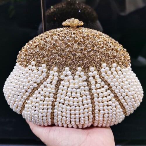 Pearl crystal beaded clutch bag champagne evening bags prom party purse fashion gourd design women wedding bridal handbags SC161