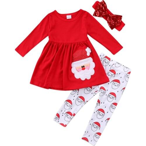 Christmas 2-7Y Toddler Kids Baby Girls Sets 2PCS Cartoon Santa Print Long Sleeve Red Dress Tops+Pants