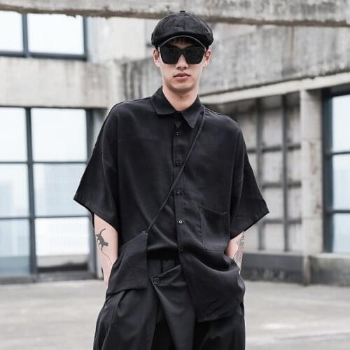 Men Contain Bag Short Sleeve Casual Loose Shirt Male Japan Streetwear Fashion Hip Hop Black Shirts