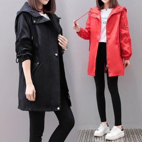 Plus size Trench coat women Black Red 2020 Spring autumn Medium Long Loose Hooded coat Korean Female windbreaker Outerwear 3XL