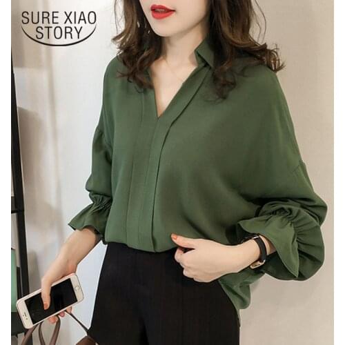 2021 Spring New 4XL Plus Size Long Sleeve Shirt Solid Wild Fashion Shirts Korean Loose Thin Trumpet Sleeves Blouse Women 9359