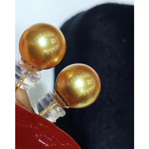D506 Pearl Earrings Fine Jewelry Solid 18K Gold Round 8-9mm Nature Ocean Sea Water Golden Pearls Stud Earrings for Women
