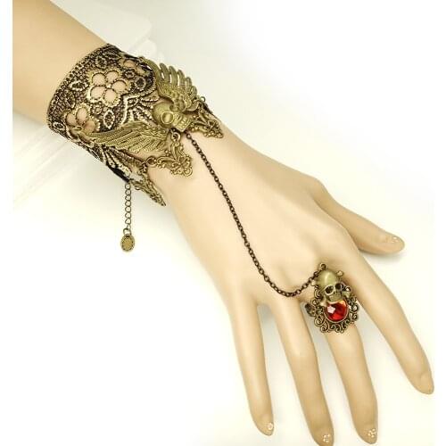Golden Floral Lace Skull Ring Chain Linked Women`s Vintage Bracelet