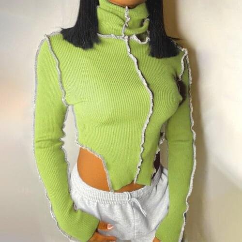 Winter Fashinon Turtleneck Irregular Knit Tops 3 Colors Long Sleeve Pullover Contrasting Color Ribbing Short T-shirt Streetwear