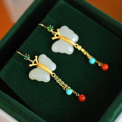 Butterfly Dance Natural Hetian Jade Butterfly Earrings Ancient Sterling Silver Gold Plated Fimbrilla Earrings Super Fairy Retro