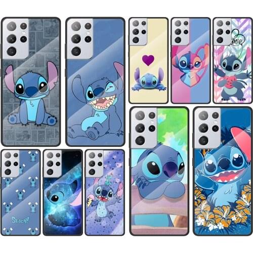 Stitch blue disney cartoon for Samsung Galaxy S21 Ultra Plus A72 A52 4G 5G M51 M31 M21 Luxury Tempered Glass Phone Case Cover