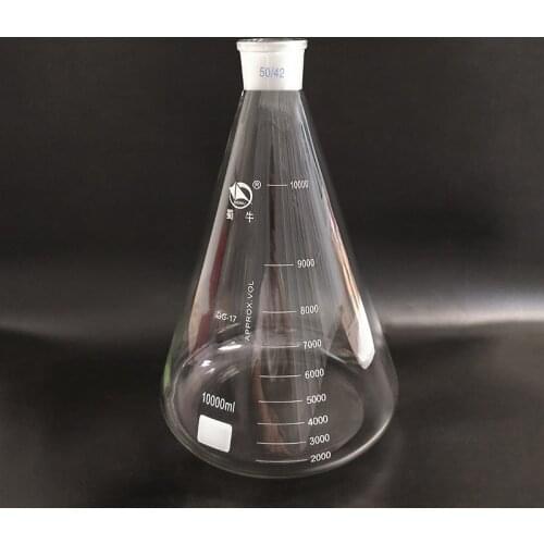 Conical flask with standard ground-in mouth,Capacity 10000ml,joint 50/42,Erlenmeyer flask with tick mark